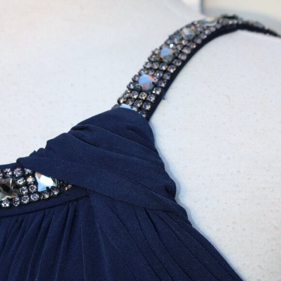 Sangria Navy Blue Knit Grecian Gathered Knit Rhinestone Trim Formal Maxi Dress - Picture 4 of 11